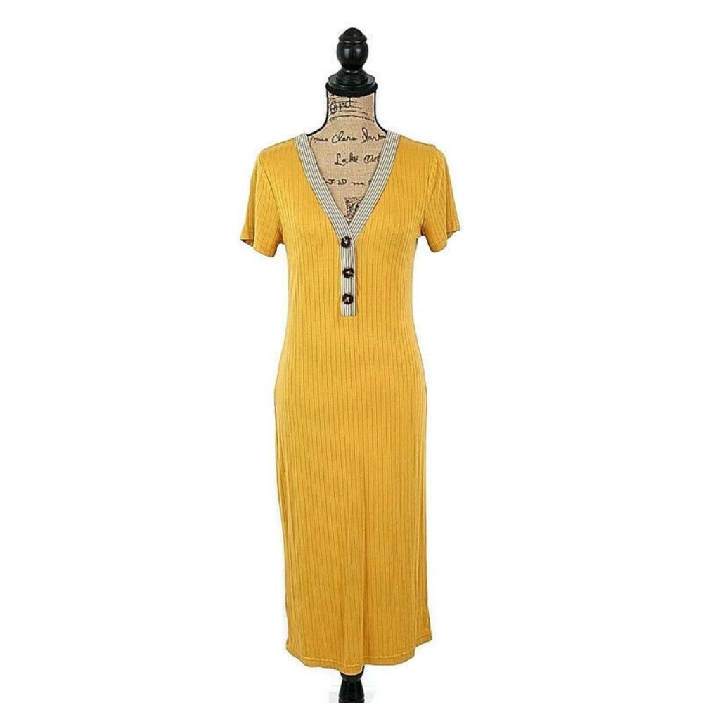💥5/$25 Hem & Thread M RIbbed Knit Sheath Dress Solid Yellow V Neck Short Sleeve
